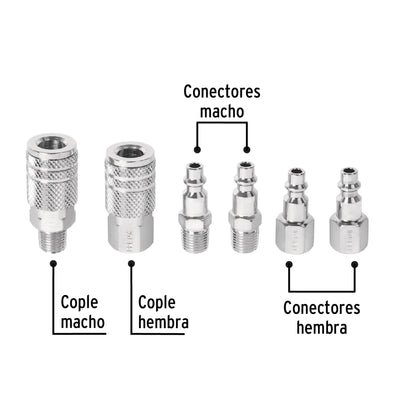 Juego de 4 conectores y 2 coples, compresor de aire, Pretul CORAL-6P 27030 MM00