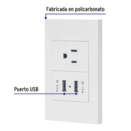 Placa armada 1contacto, 2puertos USB, 1.5mod,Española,blanco COUSB-EB 45603 MM00