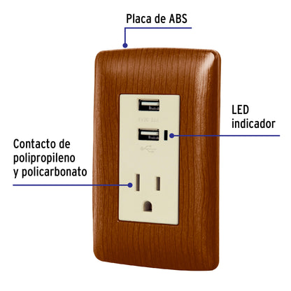 Contacto aterrizado + 2 puertos USB, madera, línea Italiana COUSB-IM   49814 MM00