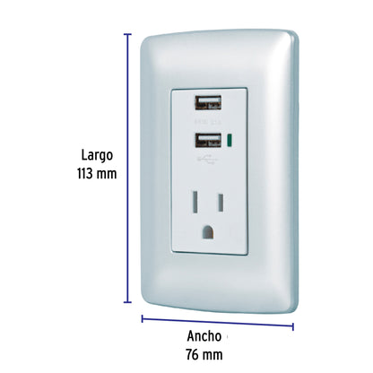 Contacto aterrizado + 2 puertos USB, plata, línea Italiana COUSB-IP   49808 MM00