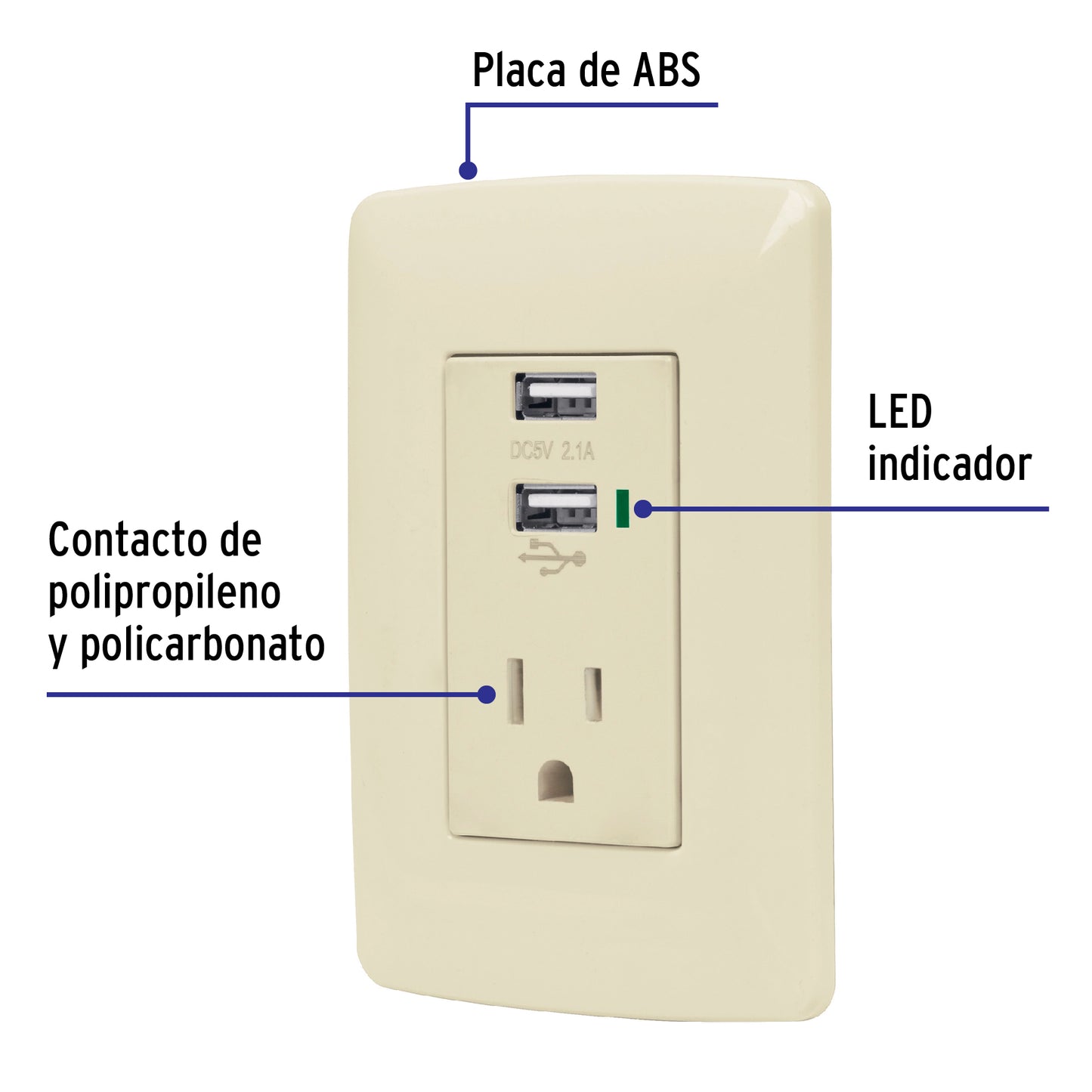 Contacto aterrizado + 2 puertos USB, marfil, línea Italiana COUSB-I 48064 MM00