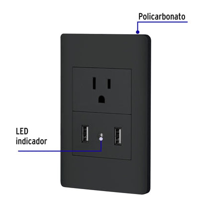 Placa armada negra contacto y 2 puertos USB 1.5 mód, Lisboa COUSB-LN 47904 MM00