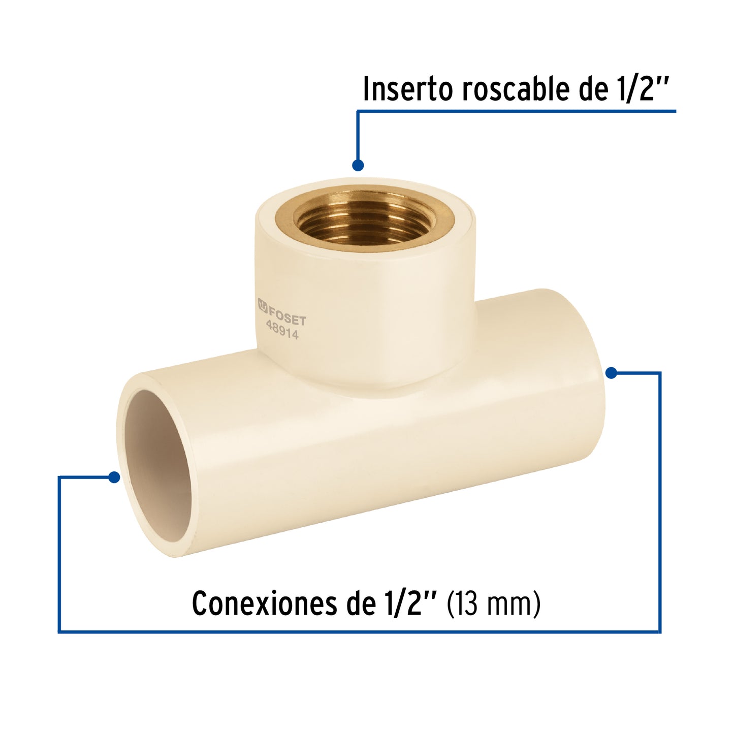 Tee rosca central hembra CPVC 1/2' inserto latón, Foset CPVC-701 48914 MM00