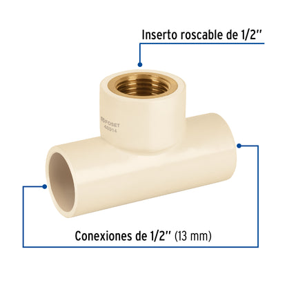 Tee rosca central hembra CPVC 1/2' inserto latón, Foset CPVC-701 48914 MM00