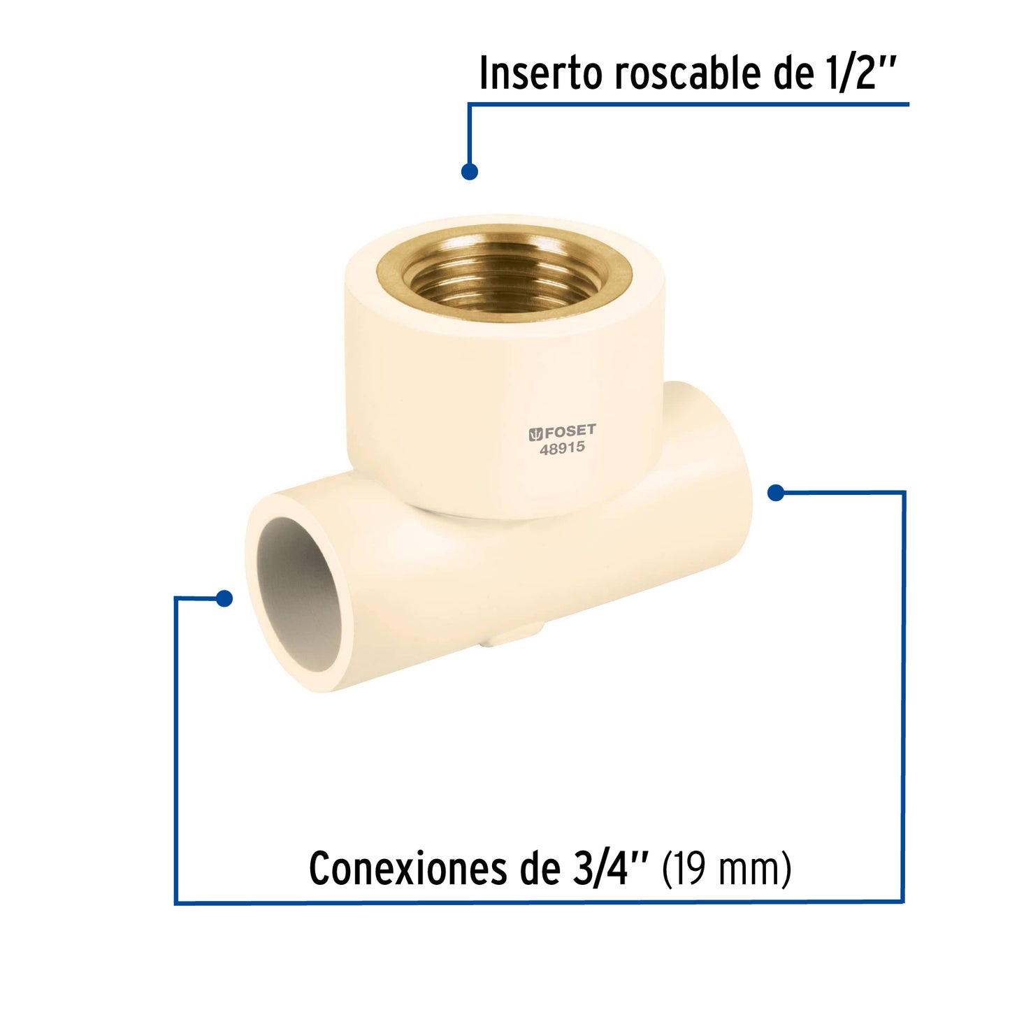 Tee reducida hembra de CPVC 3/4' x 3/4' x 1/2' inserto latón CPVC-702 48915 MM00