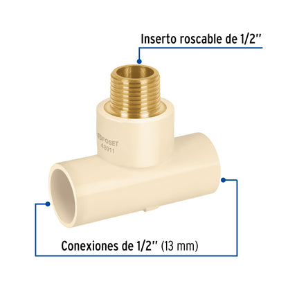 Tee rosca central macho CPVC 1/2' inserto latón, Foset CPVC-711 48911 MM00