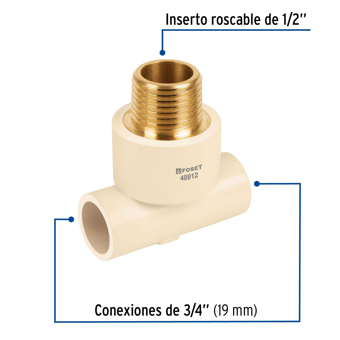 Tee reducida macho de CPVC 3/4' x 3/4' x 1/2' inserto latón CPVC-712 48912 MM00