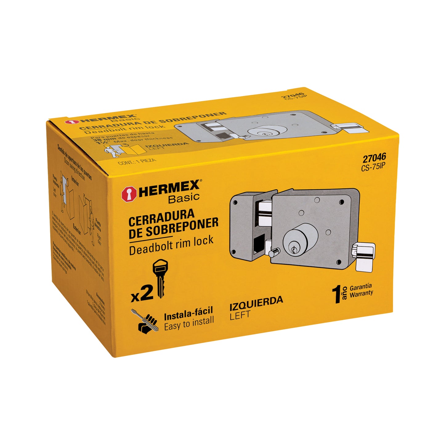 Cerradura sobreponer izq instala-fácil, caja, Hermex Basic CS-75IP 27046 MM1