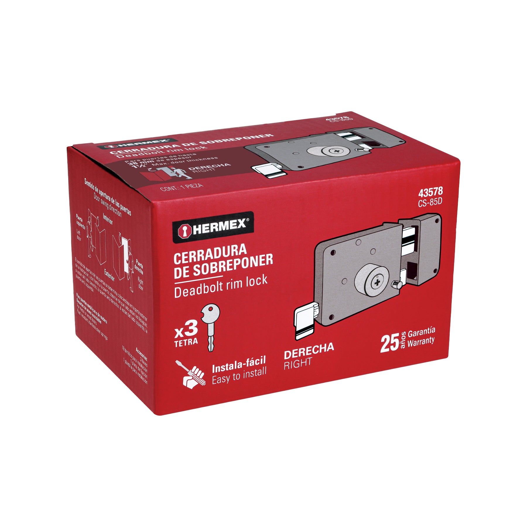 Cerradura sobreponer der instala-fácil, llave tetra, caja CS-85D 43578 MM1