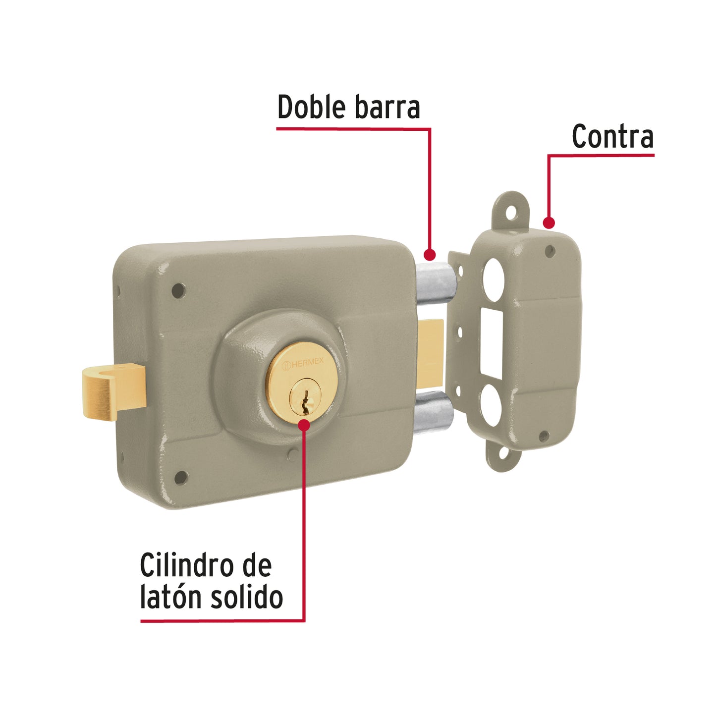 Cerradura sobreponer der 2 barras clásica, llave tradicional CS-90D 43482 MM0