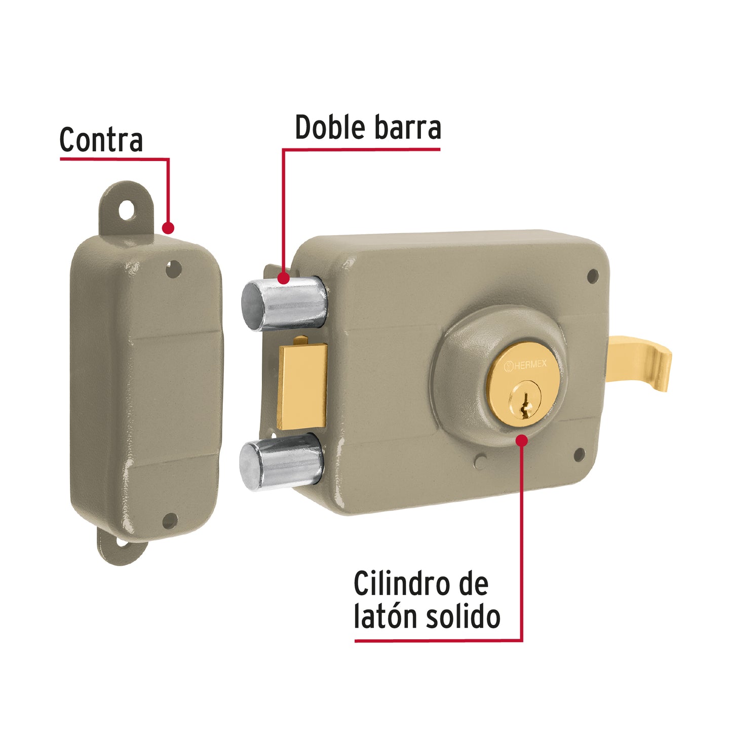 Cerradura sobreponer izq 2 barras clásica, llave tradicional CS-90I 43483 MM0