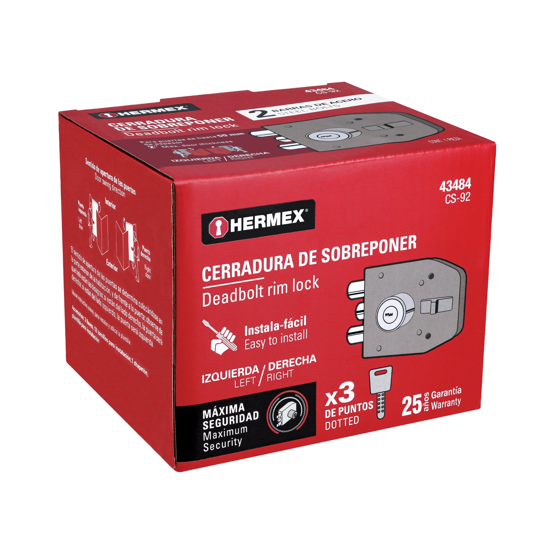 Cerradura de sobreponer 2 barras instala-fácil, llave puntos CS-92 43484 MM0