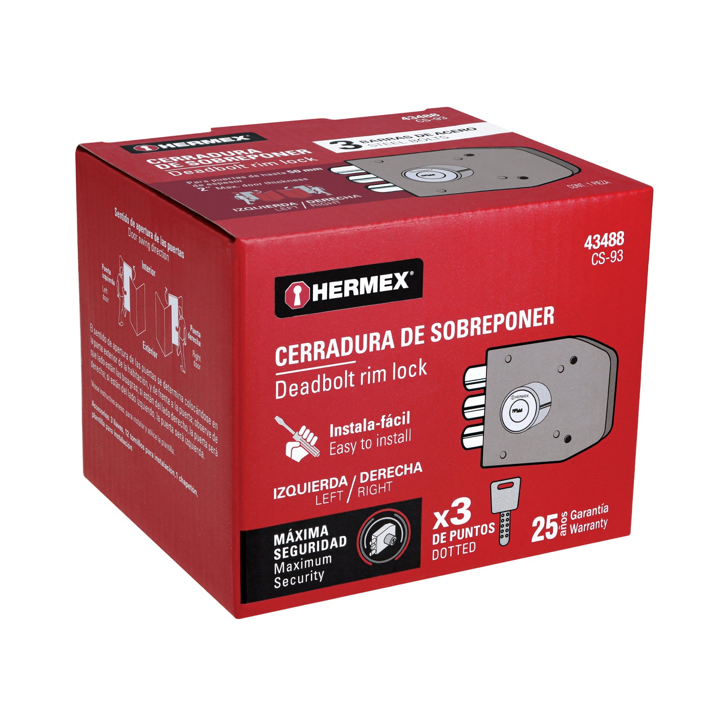 Cerradura de sobreponer 3 barras instala-fácil, llave puntos CS-93 43488 MM0