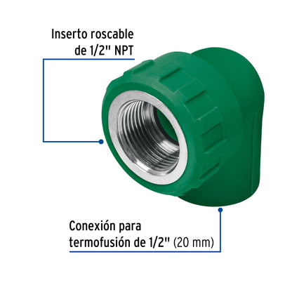 Codo 90° PPR, 1/2', rosca hembra con inserto metálico, Foset CV-501 49861 MM00