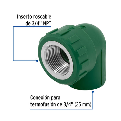 Codo 90° PPR, 3/4', rosca hembra con inserto metálico, Foset CV-502 49862 MM00