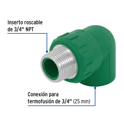 Codo 90° PPR,  3/4', rosca macho con inserto metálico, Foset CV-512 49856 MM00