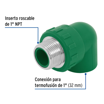 Codo 90° PPR,  1', rosca macho con inserto metálico, Foset CV-513 49857 MM00