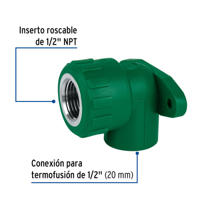 Codo oreja 90° PPR, 1/2', hembra con inserto metálico, Foset CV-581 46036 MM00