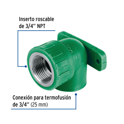 Codo oreja 90° PPR, 3/4', hembra con inserto metálico, Foset CV-582 45264 MM00