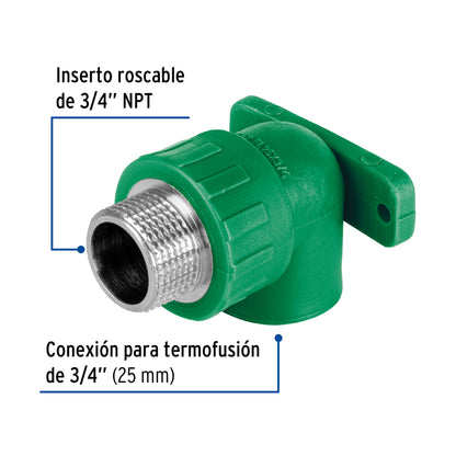 Codo oreja 90° PPR,  3/4', macho con inserto metálico, Foset CV-592 45266 MM00