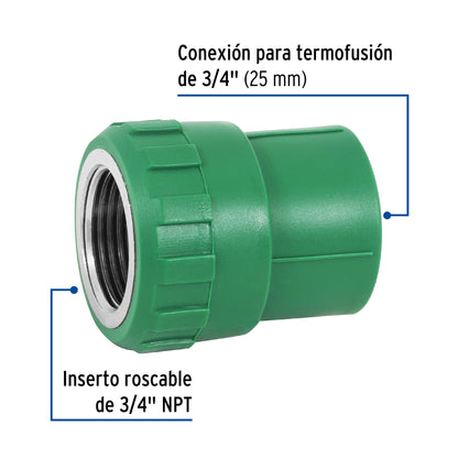 Adaptador PPR 3/4' hembra con inserto metálico, Foset CV-602 49886 MM00