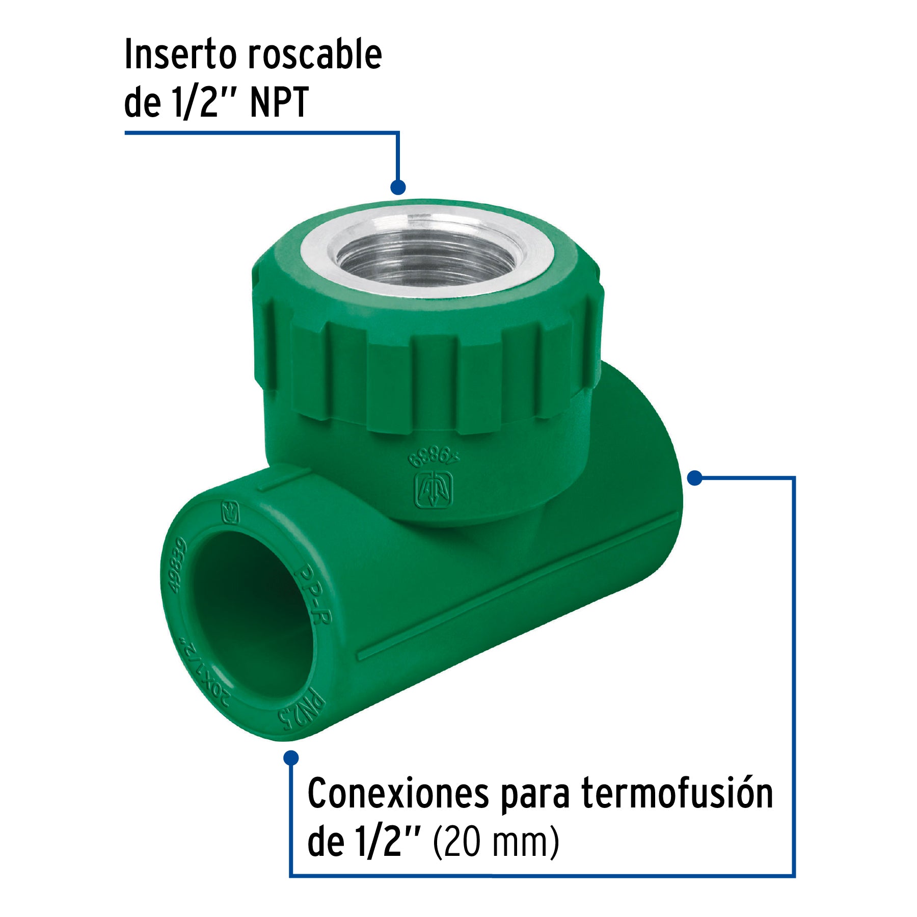 Tee hembra de PPR 1/2' con inserto metálico, Foset CV-701 49839 MM00