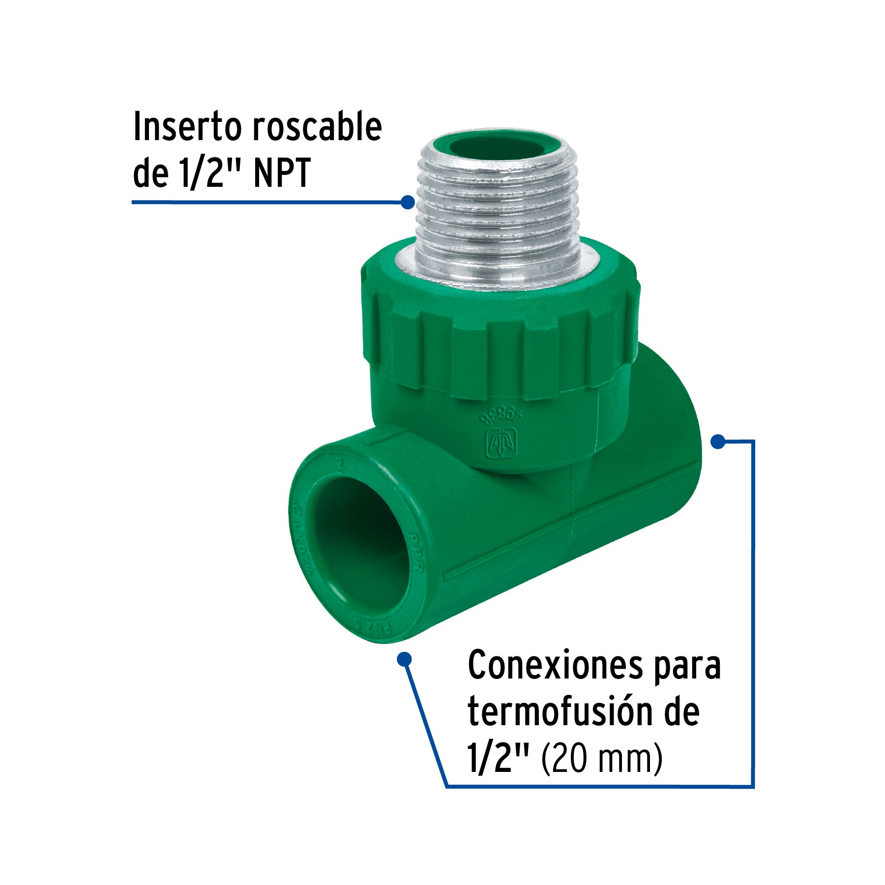 Tee macho de PPR 1/2' con inserto metálico, Foset CV-711 49838 MM00