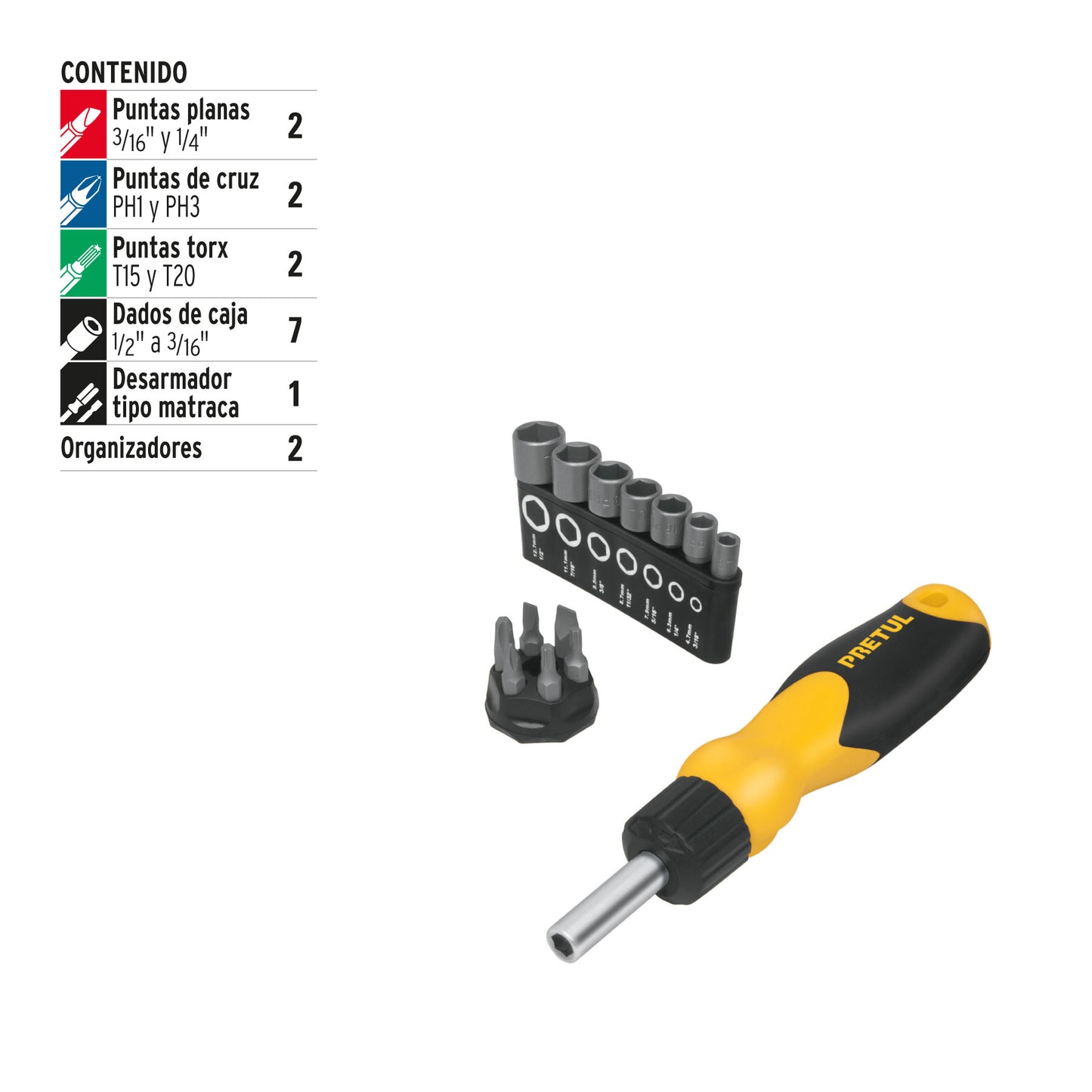 Desarmador tipo matraca con 6 puntas y 7 dados, Pretul DES-14P 22974 MM00