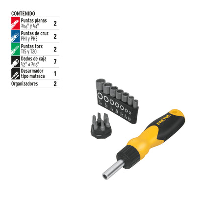 Desarmador tipo matraca con 6 puntas y 7 dados, Pretul DES-14P 22974 MM00