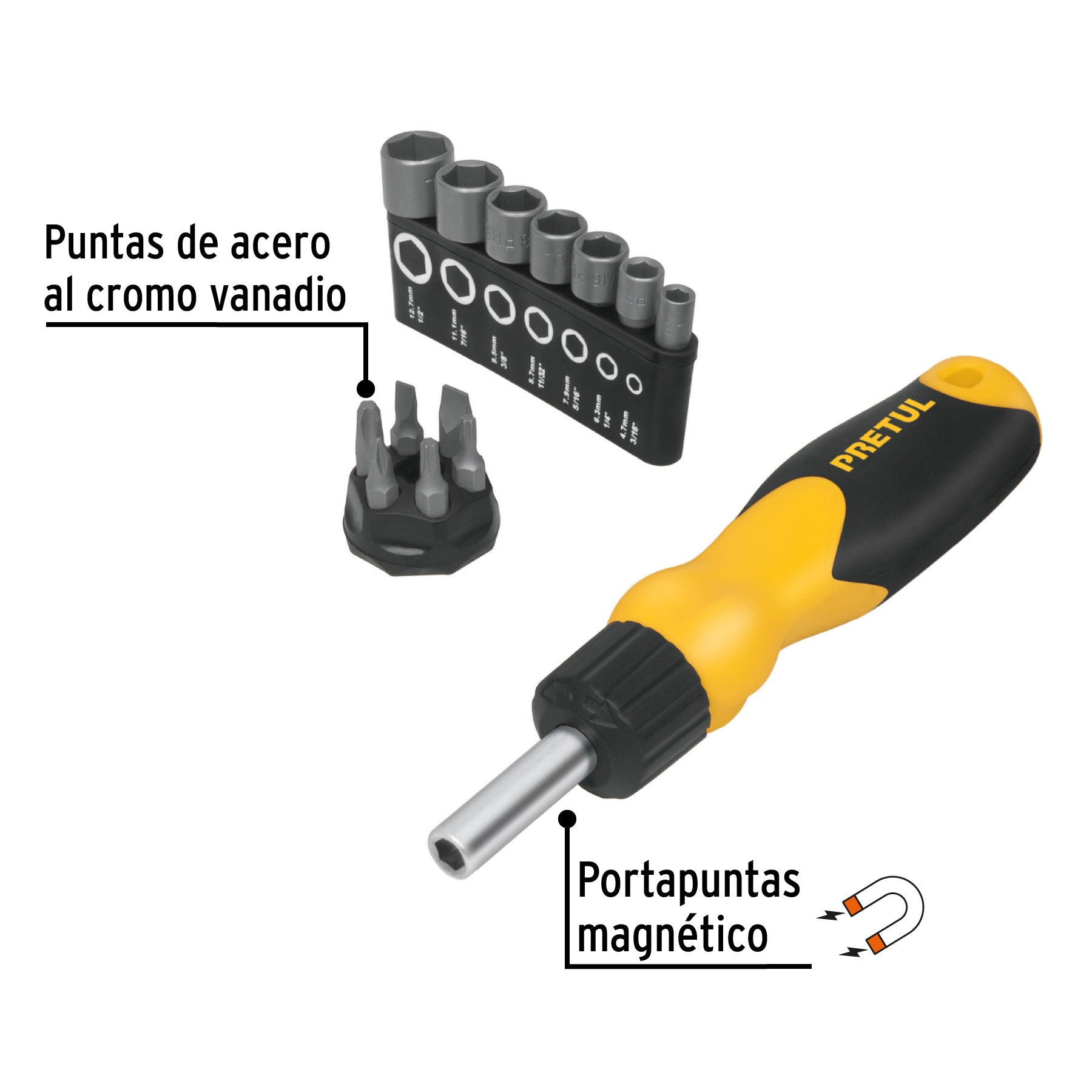 Desarmador tipo matraca con 6 puntas y 7 dados, Pretul DES-14P 22974 MM00