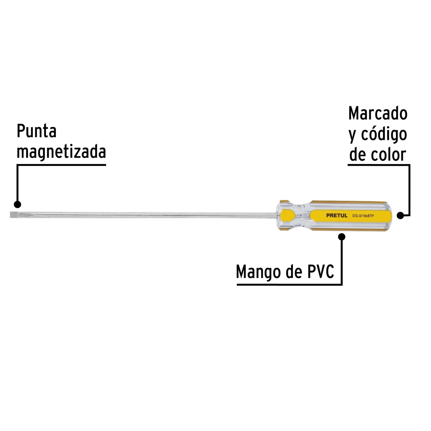 Desarmador cabinet 3/16 x 8' mango de PVC, Pretul DG-3/16X8TP 21469 MM00