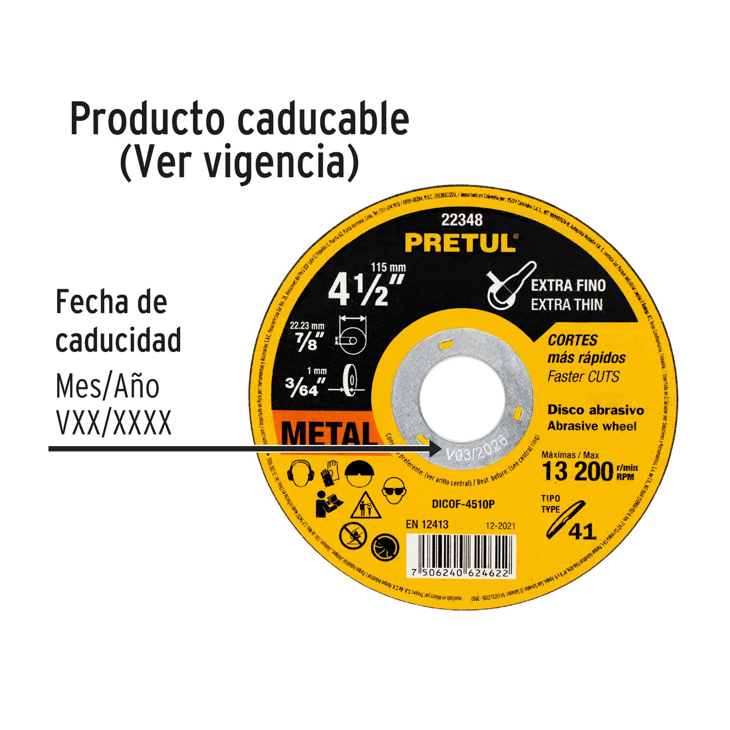 Disco Tipo 41 de 4-1/2' x 1 mm corte fino de metal, Pretul DICOF-4510P 22348 MM00