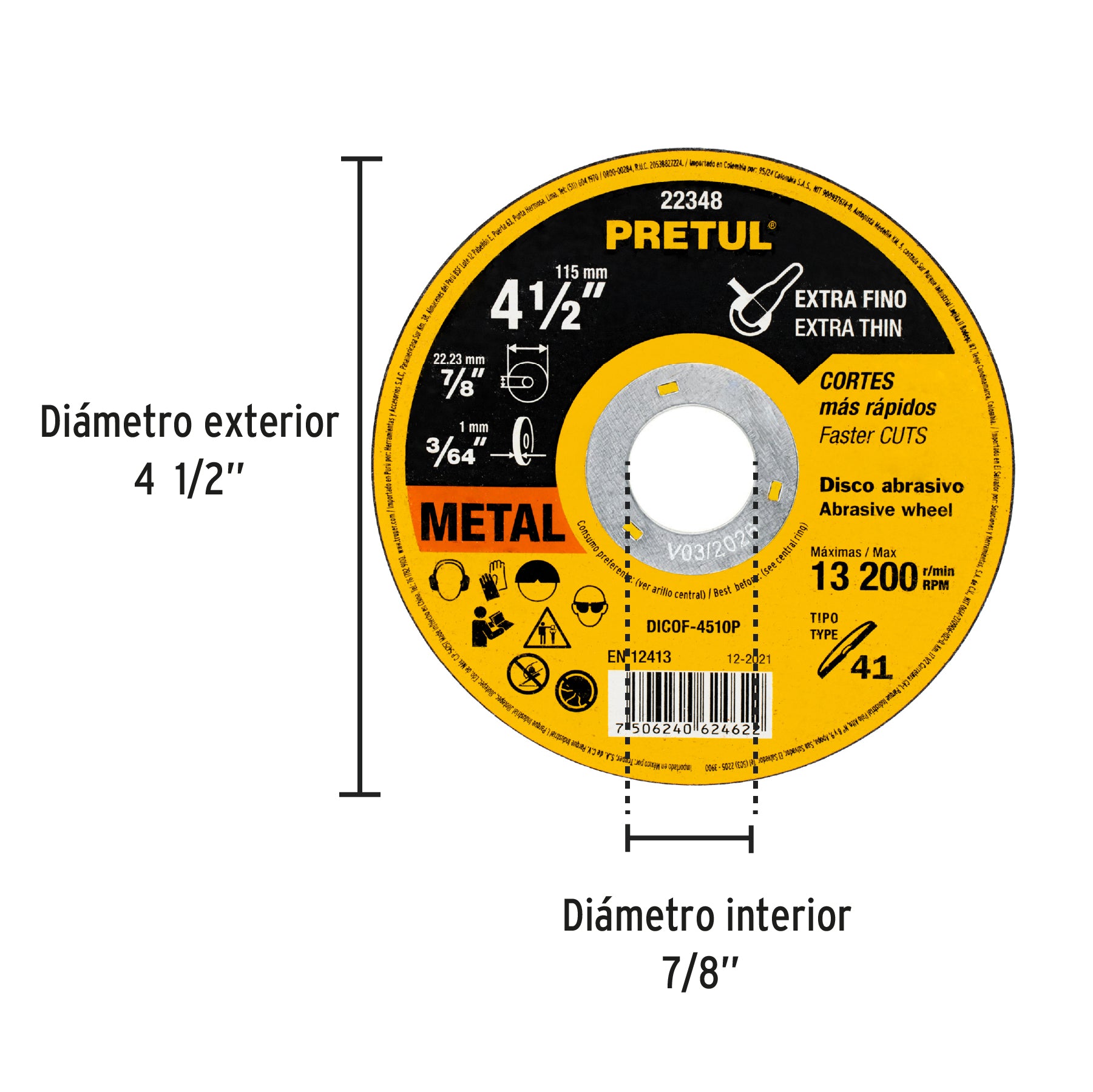 Disco Tipo 41 de 4-1/2' x 1 mm corte fino de metal, Pretul DICOF-4510P 22348 MM00