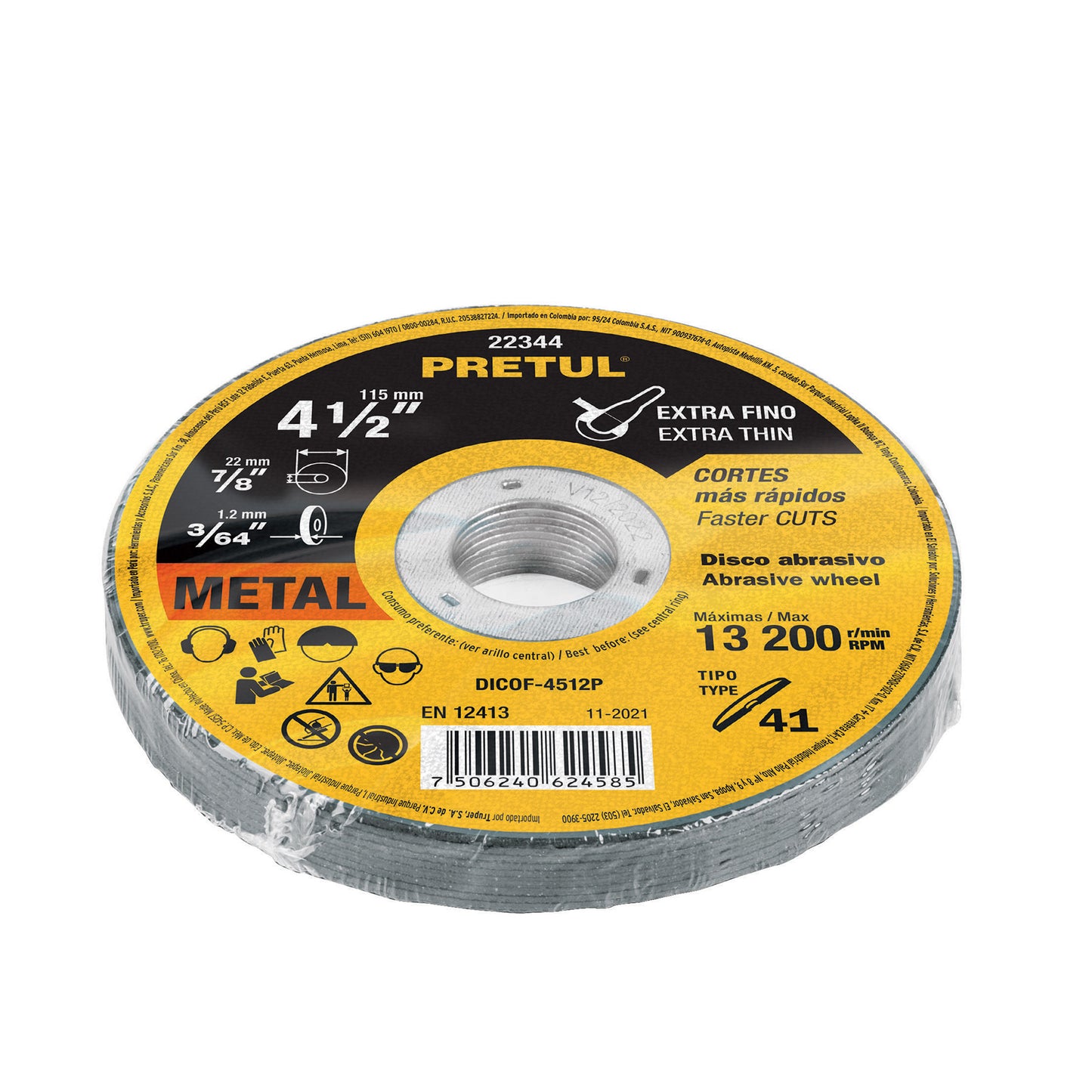 Disco Tipo 41 de 4-1/2' x 1.2 mm corte fino de metal, Pretul DICOF-4512P 22344 MM00