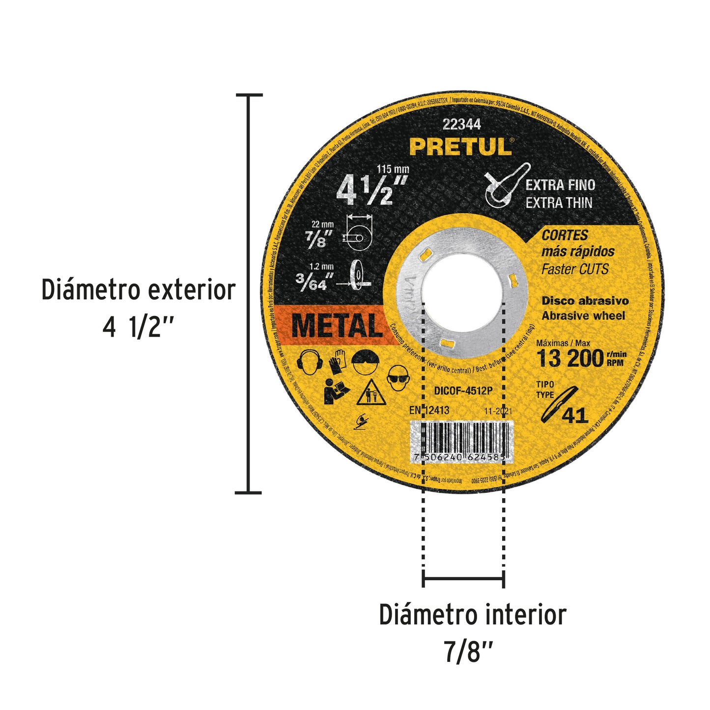 Disco Tipo 41 de 4-1/2' x 1.2 mm corte fino de metal, Pretul DICOF-4512P 22344 MM00