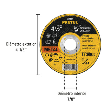 Disco Tipo 41 de 4-1/2' x 1.2 mm corte fino de metal, Pretul DICOF-4512P 22344 MM00