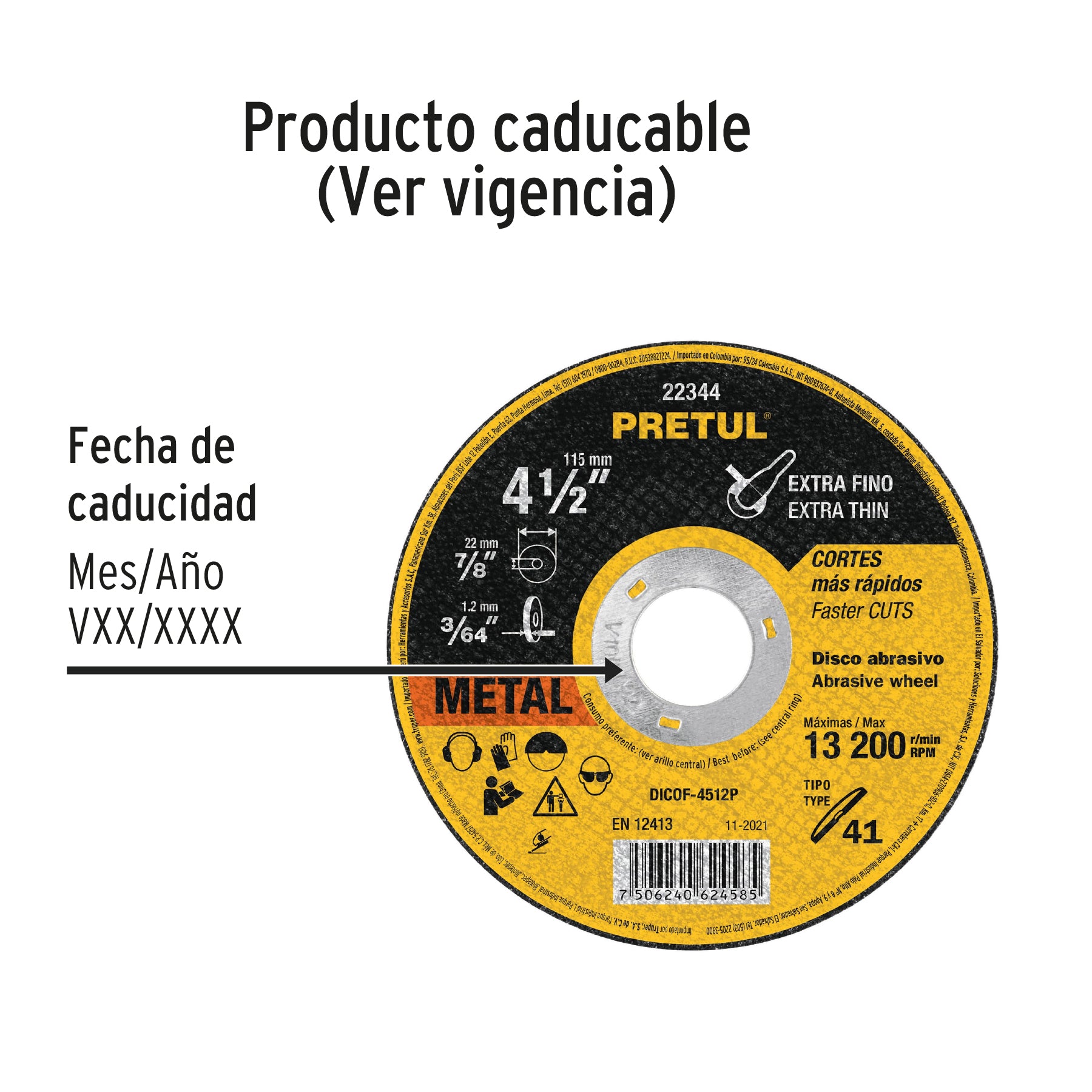 Disco Tipo 41 de 4-1/2' x 1.2 mm corte fino de metal, Pretul DICOF-4512P 22344 MM00