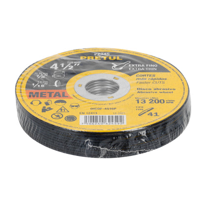 Disco Tipo 41 de 4-1/2' x 1.6 mm corte fino de metal, Pretul DICOF-4516P 22345 MM00