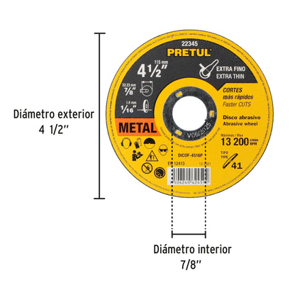 Disco Tipo 41 de 4-1/2' x 1.6 mm corte fino de metal, Pretul DICOF-4516P 22345 MM00