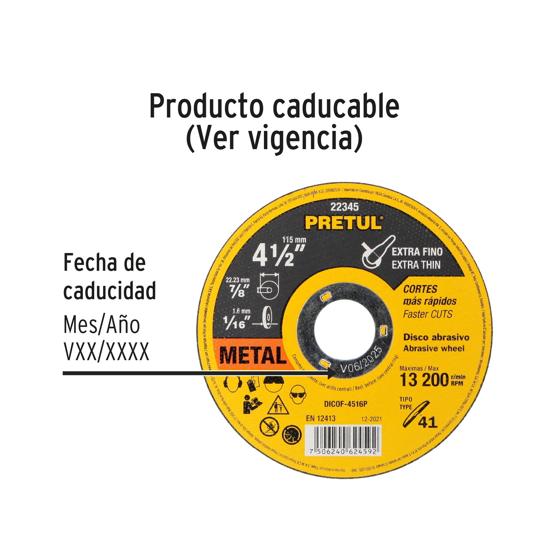 Disco Tipo 41 de 4-1/2' x 1.6 mm corte fino de metal, Pretul DICOF-4516P 22345 MM00