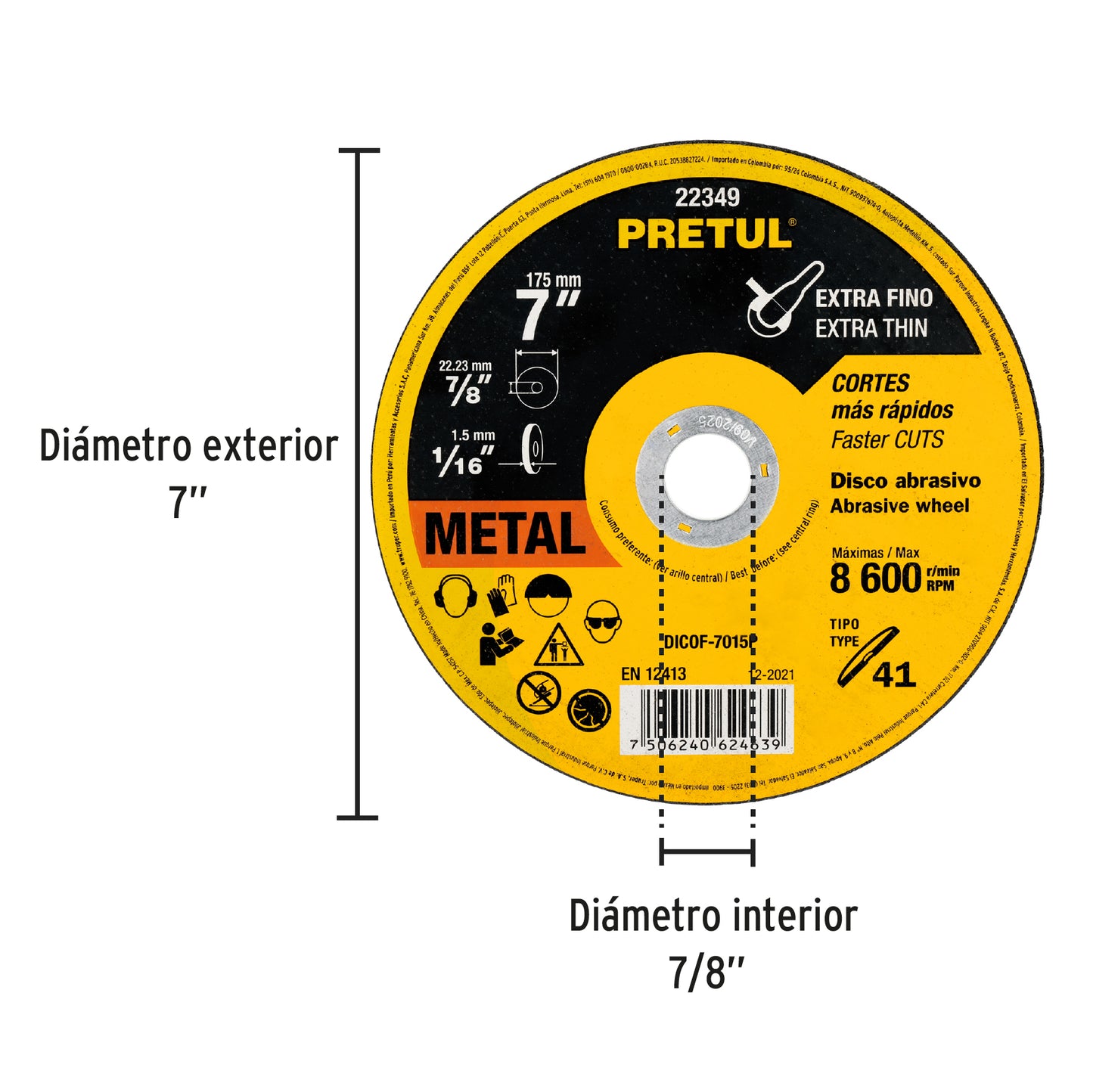 Disco Tipo 41 de 7' x 1.5 mm corte fino de metal, Pretul DICOF-7015P 22349 MM00