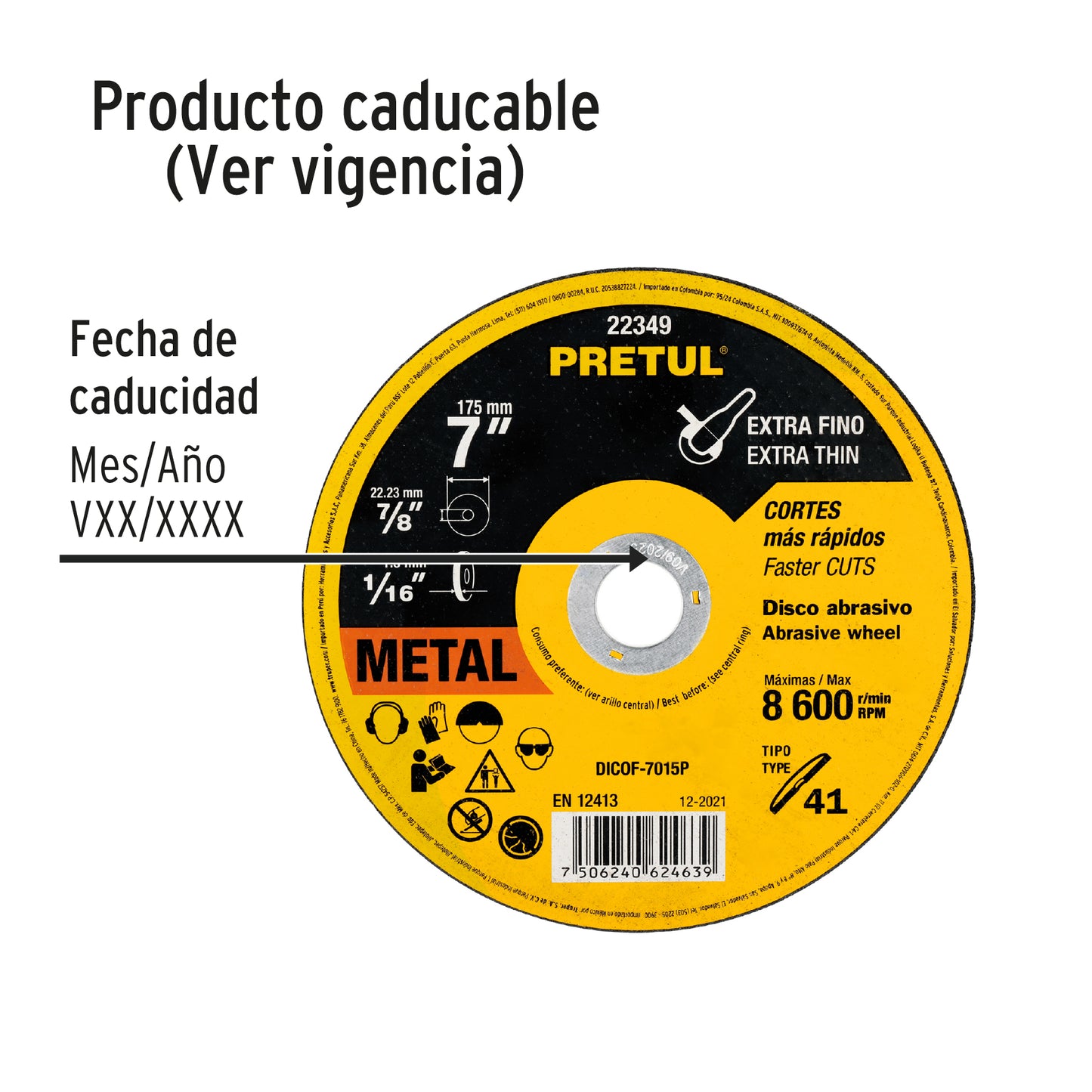 Disco Tipo 41 de 7' x 1.5 mm corte fino de metal, Pretul DICOF-7015P 22349 MM00