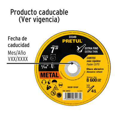 Disco Tipo 41 de 7' x 1.5 mm corte fino de metal, Pretul DICOF-7015P 22349 MM00