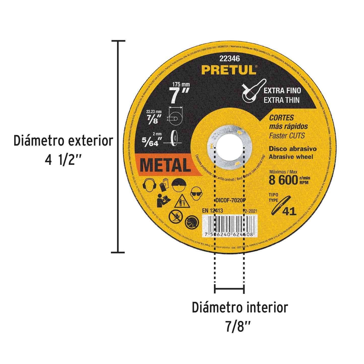 Disco Tipo 41 de 7' x 2 mm corte fino de metal, Pretul DICOF-7020P 22346 MM00