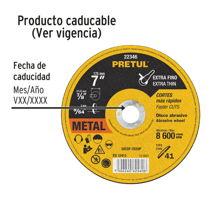 Disco Tipo 41 de 7' x 2 mm corte fino de metal, Pretul DICOF-7020P 22346 MM00