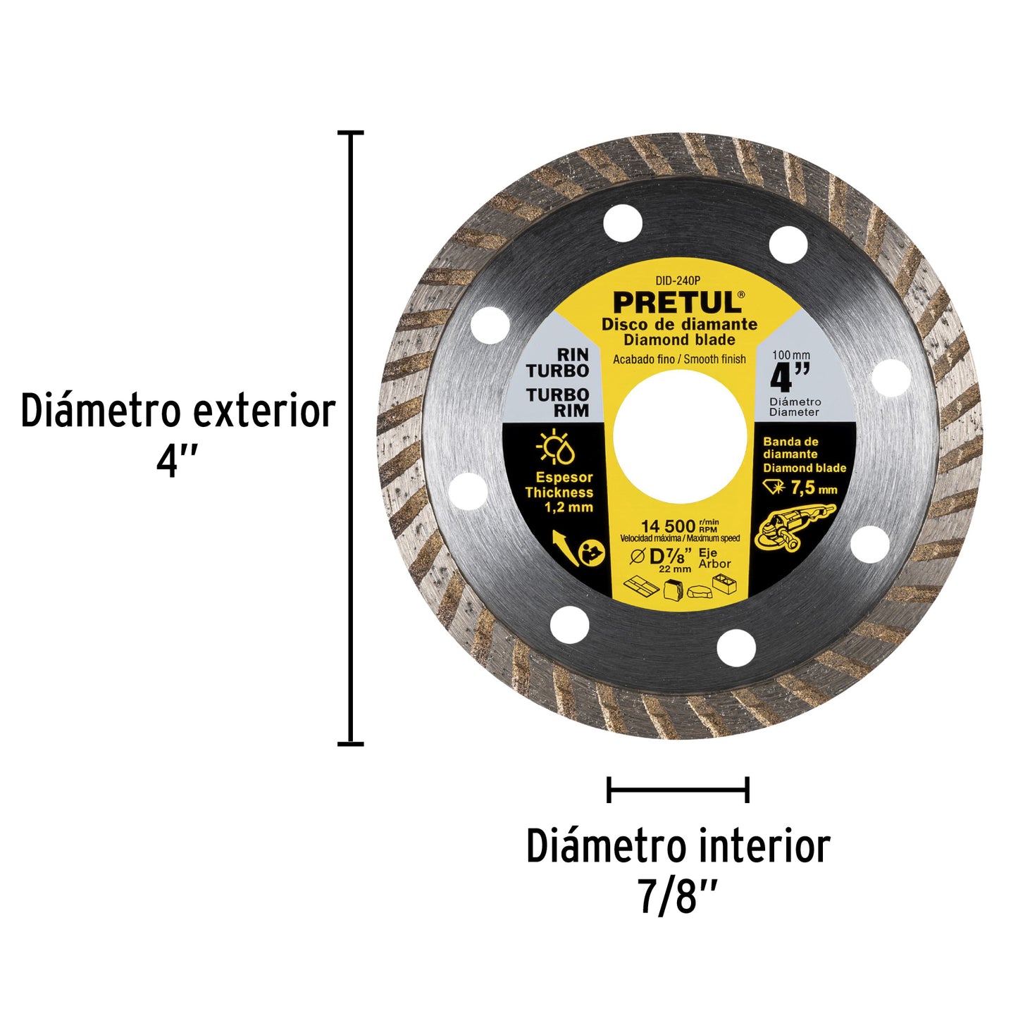 Disco de diamante de 4' x 1.2 mm rin turbo, Pretul DID-240P 27016 MM00