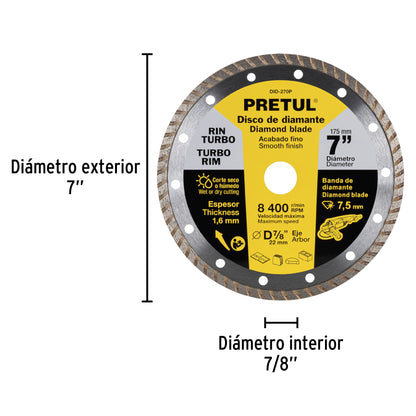 Disco de diamante de 7' x 1.6 mm rin turbo, Pretul DID-270P 27018 MM00