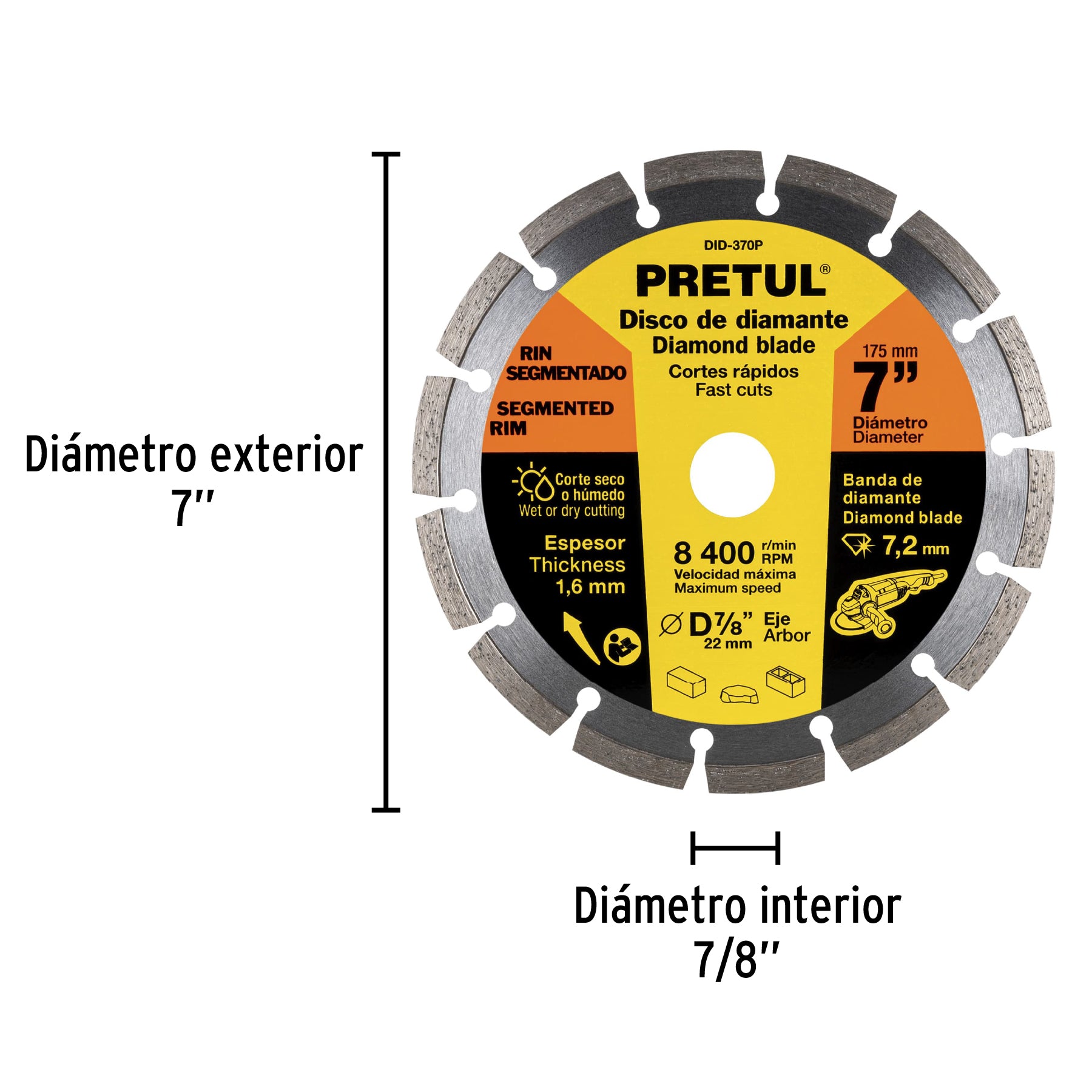 Disco de diamante de 7' x 1.6 mm rin segmentado, Pretul DID-370P 27033 MM00