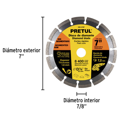 Disco de diamante de 7' x 1.6 mm rin segmentado, Pretul DID-370P 27033 MM00
