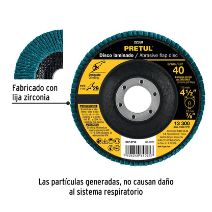 Disco 4-1/2' laminado grano 40 centro 7/8', Pretul DLP-2716 22350 MM00